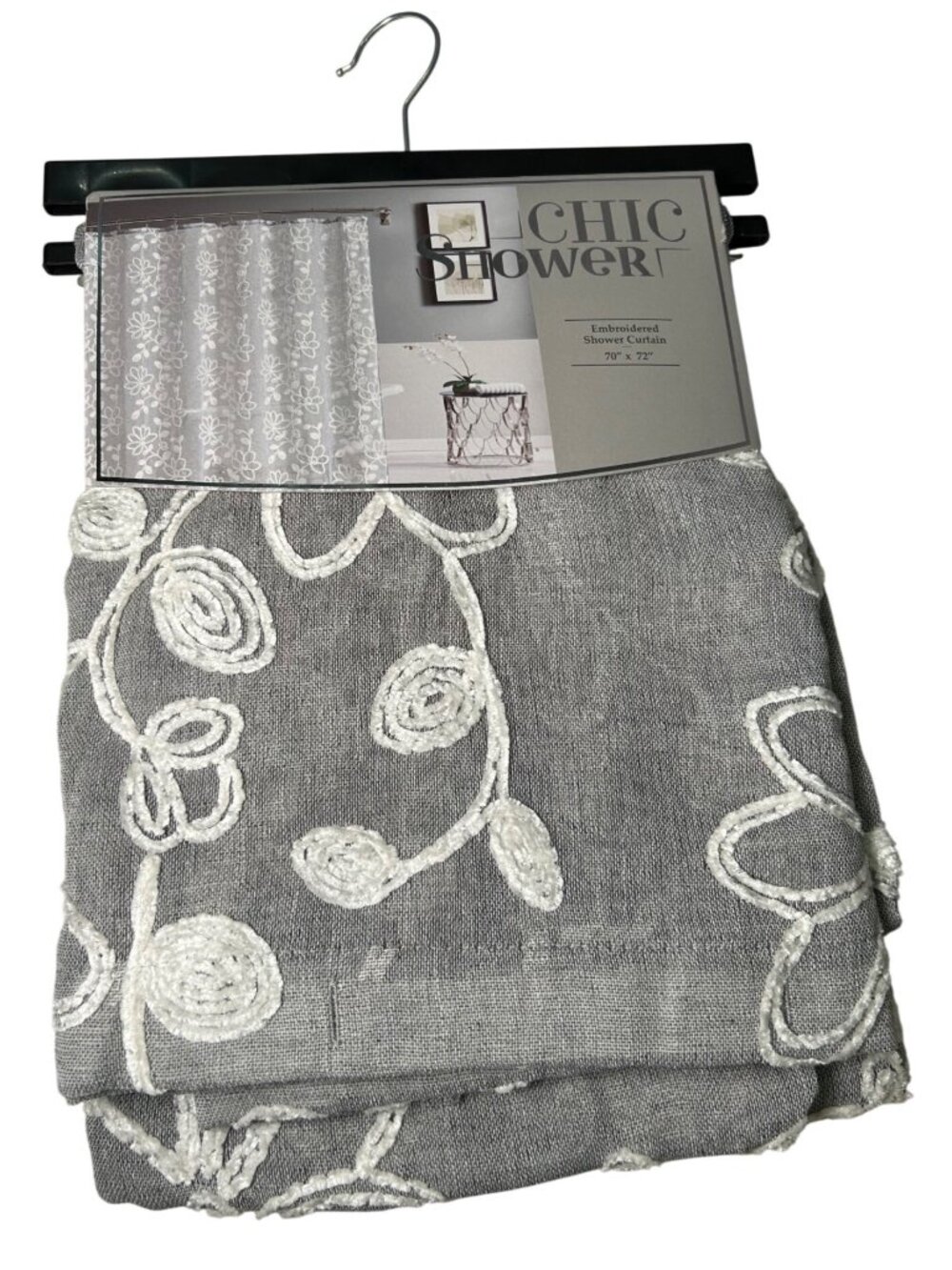 NEW Chic Shower Embroidered Shower Curtain 70" X 72" Gray White Floral Design